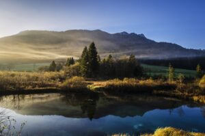 calm lake surrounded by trees near mountain range